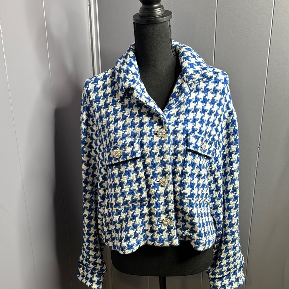 Zara Blue and White Houndstooth Tweed Cropped Blazer L